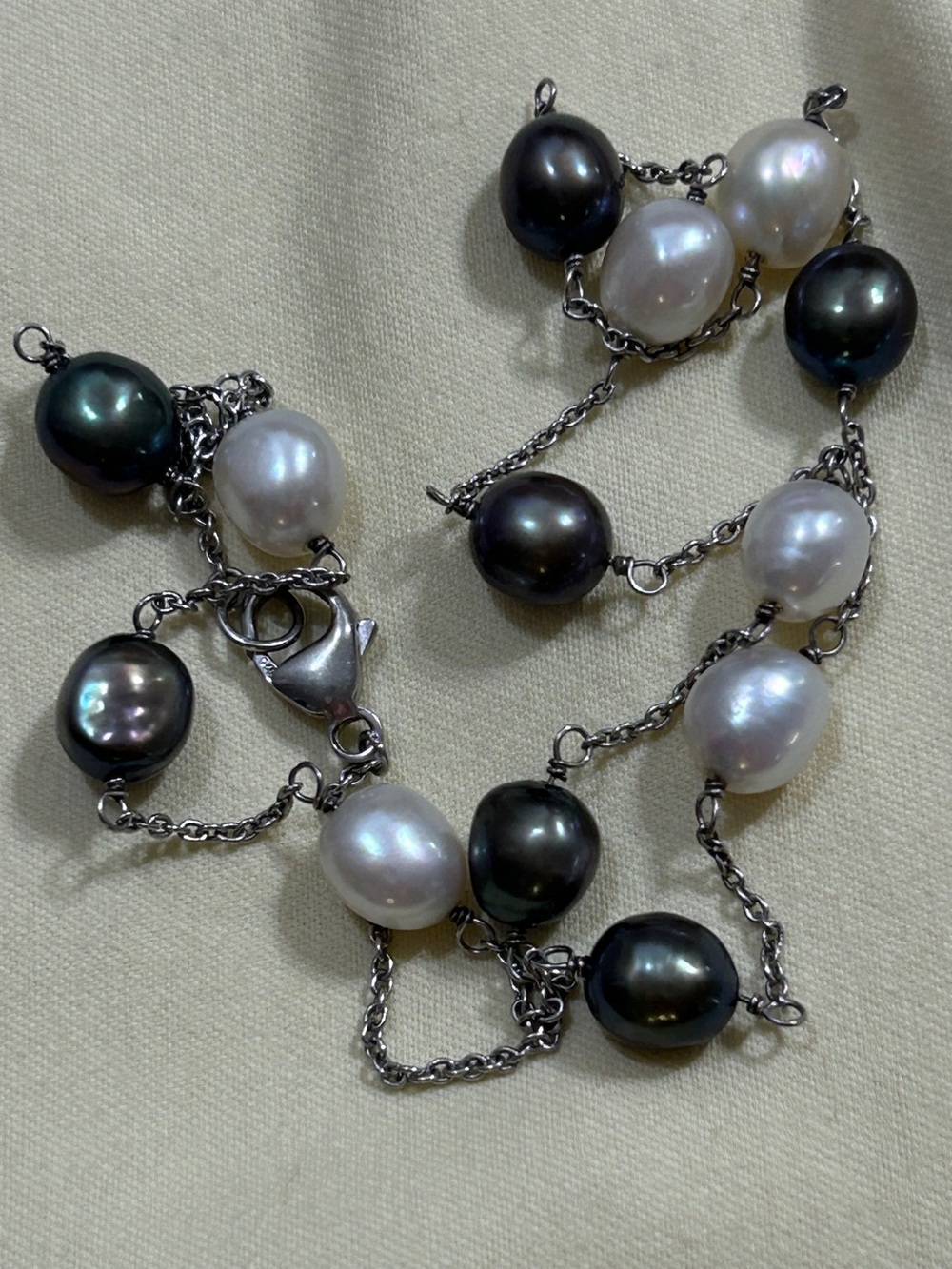 Freshwater Pearl Station Necklace - Black and White Pearls